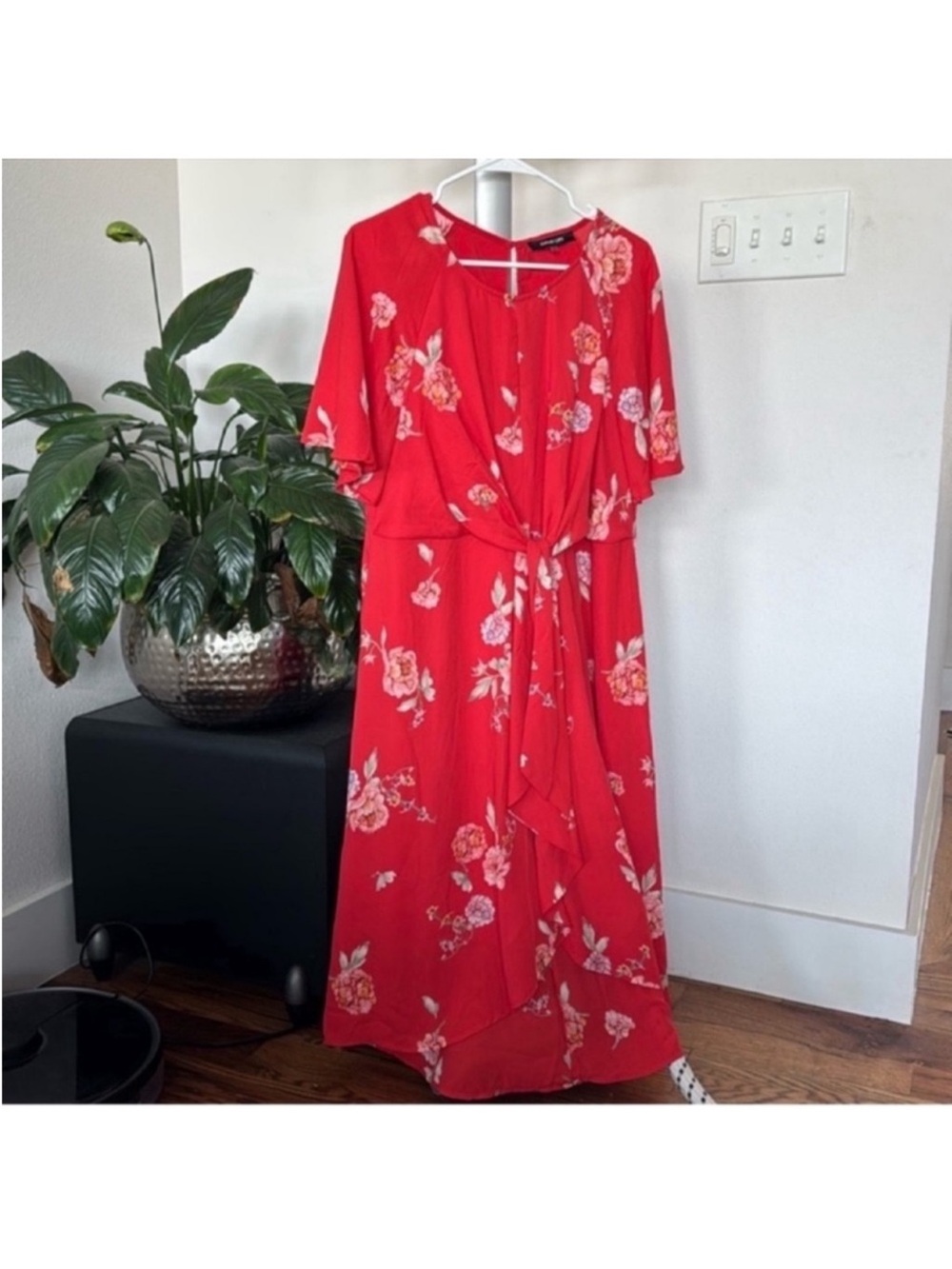 Sugar Lips Red Floral Chiffon Midi/Maxi Dress Sz XL Crew asymmetrical